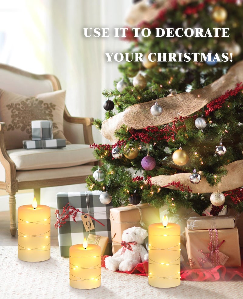 Da by Flameless Candles with String Lightsï¼ŒBattery Operated Candles,LED Flickering Candles with Remote Control and Timer, Real Wax, 3 Pack-Ivory - Image 3